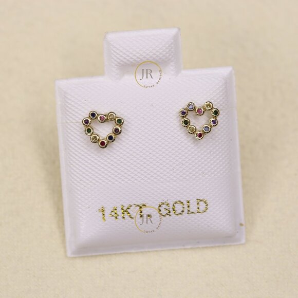 Joyas Ramirez Jewelry - 14K Yellow Gold Heart Stud Earrings with Rainbow Colors · Dainty & Elegant.
